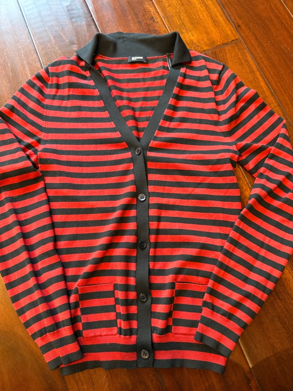 Jil Sander Black & Red Striped V-Neck Cardigan